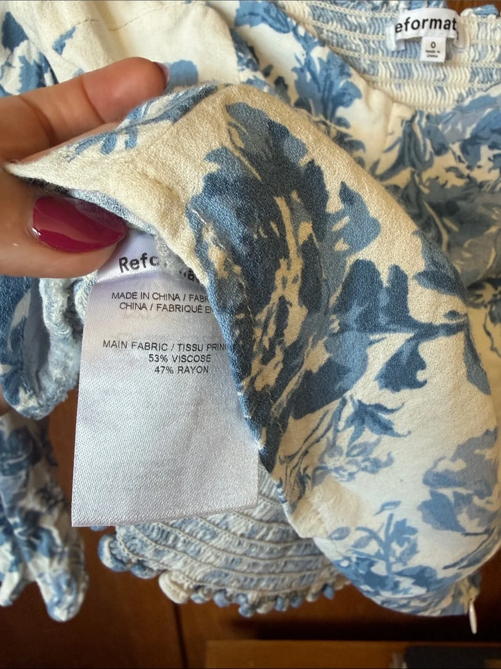 Reformation Cream and Blue Floral Puff-Sleeve Square Neck Top